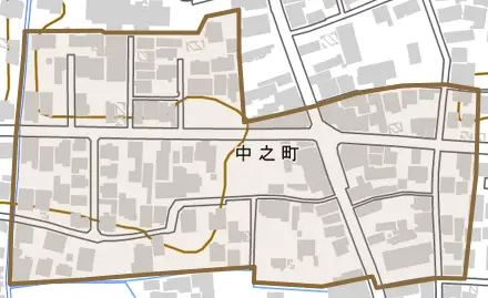 中之町とその周辺の地図。町の範囲を重ねている