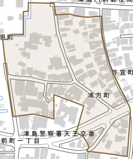 祢宜町とその周辺の地図。町の範囲を重ねている