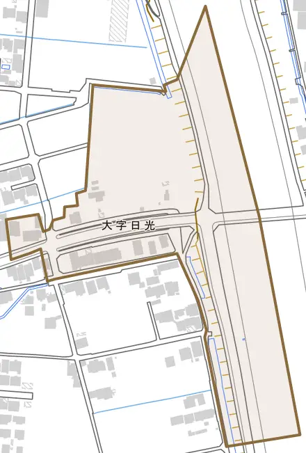 大字日光とその周辺の地図。町の範囲を重ねている