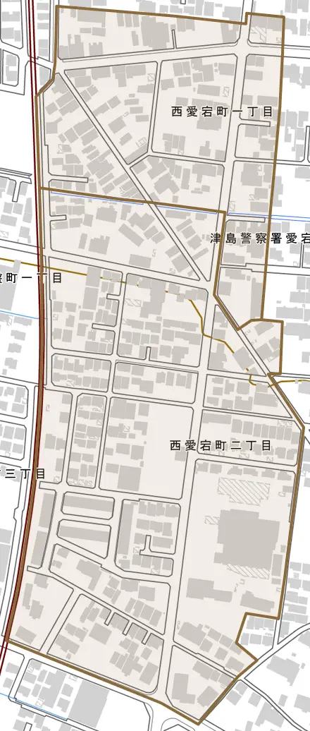 西愛宕町とその周辺の地図。町の範囲を重ねている
