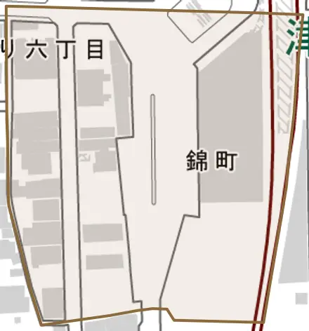 錦町とその周辺の地図。町の範囲を重ねている