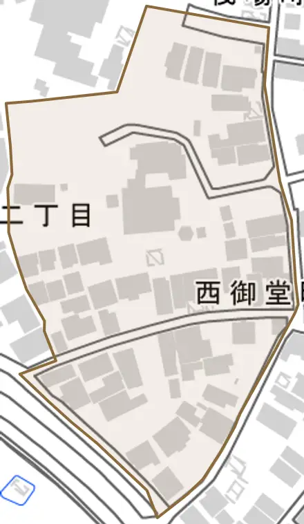 西御堂町とその周辺の地図。町の範囲を重ねている