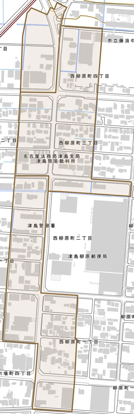 西柳原町とその周辺の地図。町の範囲を重ねている