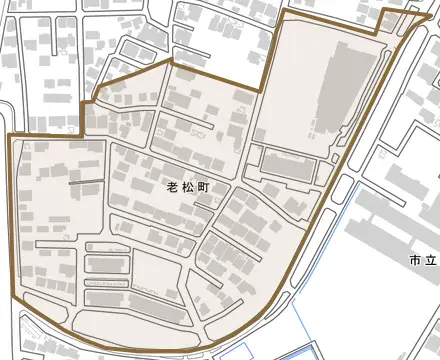 老松町とその周辺の地図。町の範囲を重ねている