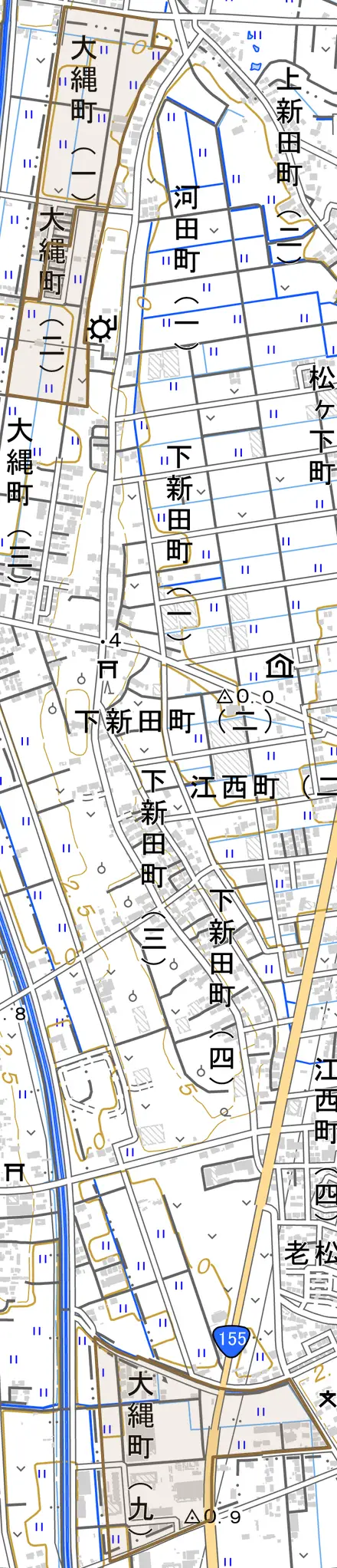 大縄町とその周辺の地図。町の範囲を重ねている