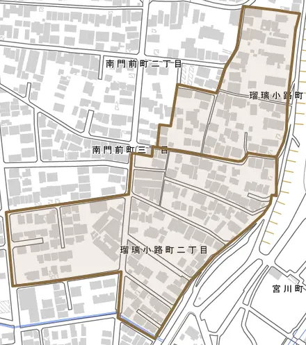 瑠璃小路町とその周辺の地図。町の範囲を重ねている