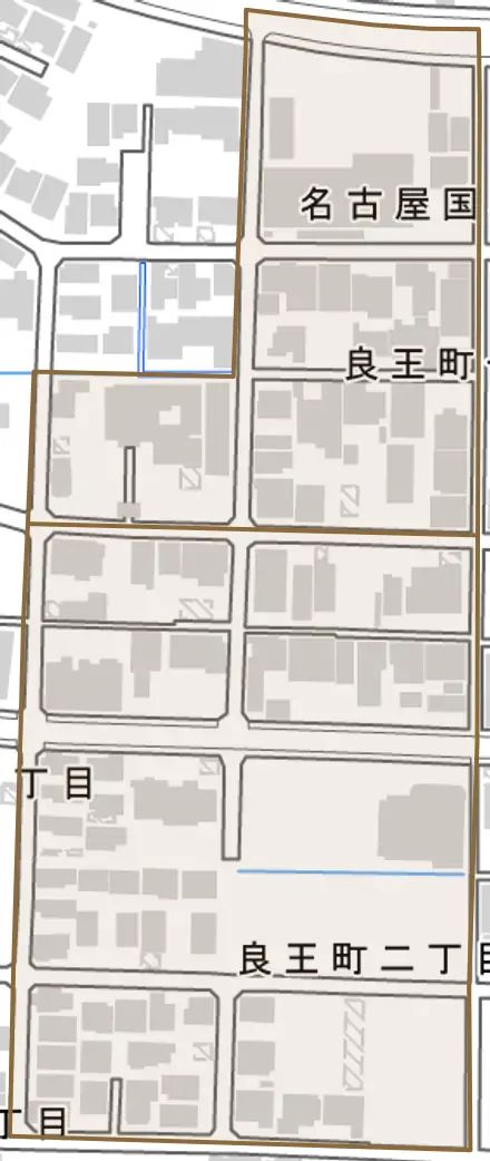 良王町とその周辺の地図。町の範囲を重ねている