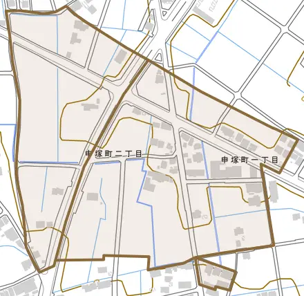 申塚町とその周辺の地図。町の範囲を重ねている