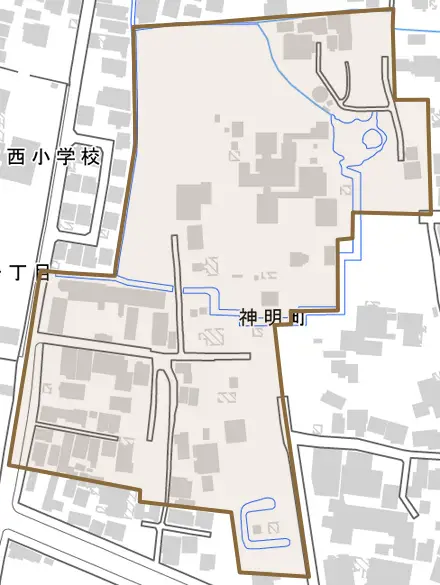 神明町とその周辺の地図。町の範囲を重ねている