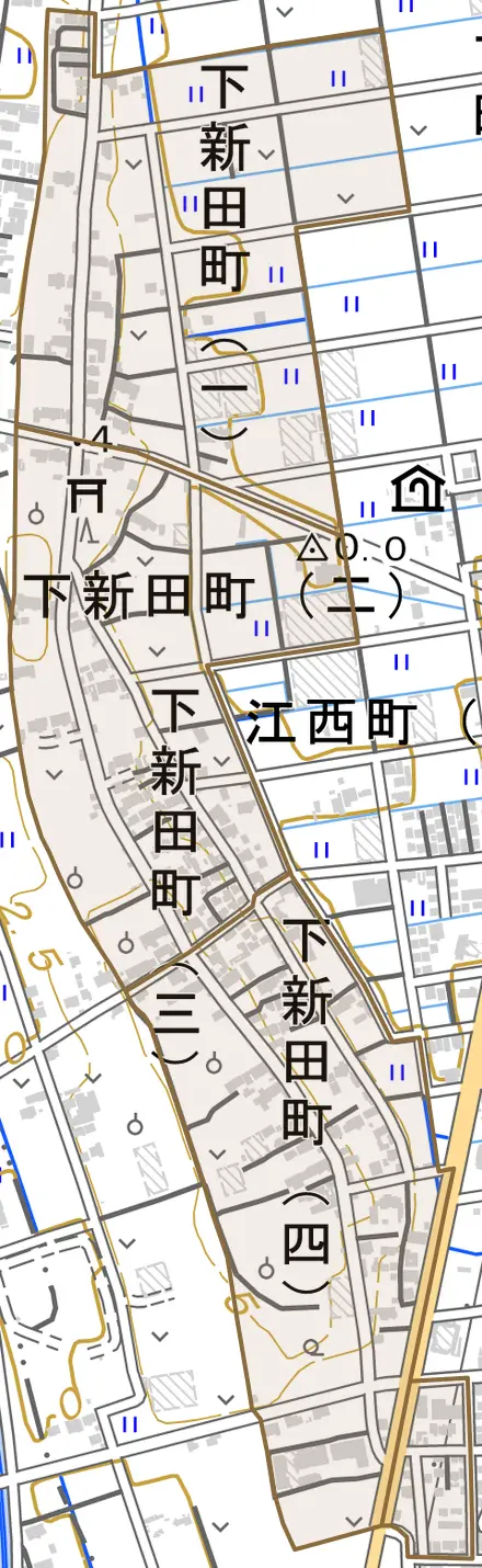 下新田町とその周辺の地図。町の範囲を重ねている