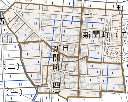 新開町とその周辺の地図。町の範囲を重ねている