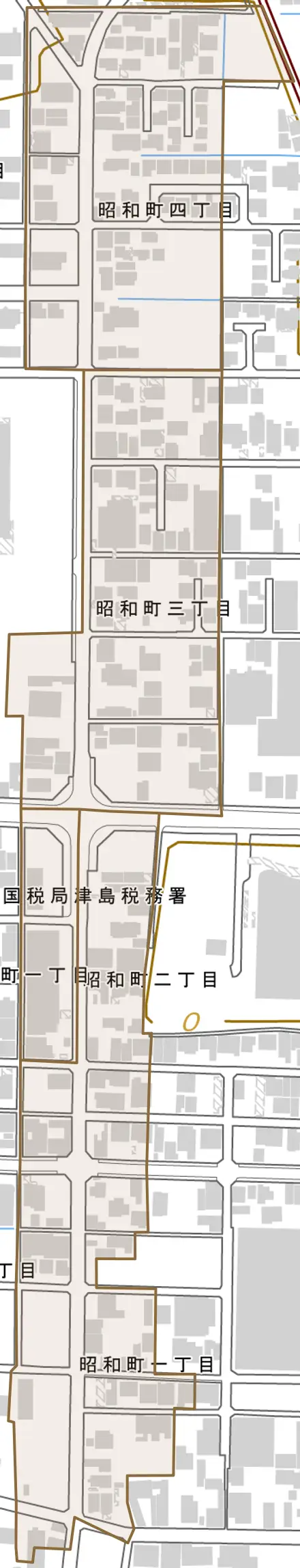 昭和町とその周辺の地図。町の範囲を重ねている