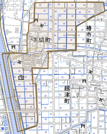 下切町とその周辺の地図。町の範囲を重ねている