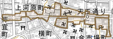 天王通りとその周辺の地図。町の範囲を重ねている