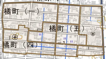 橘町とその周辺の地図。町の範囲を重ねている