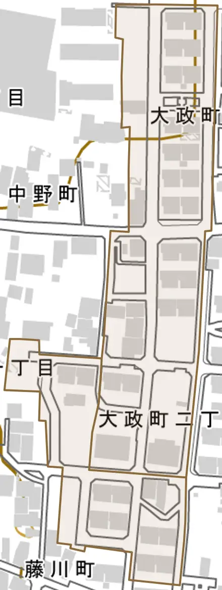 大政町とその周辺の地図。町の範囲を重ねている