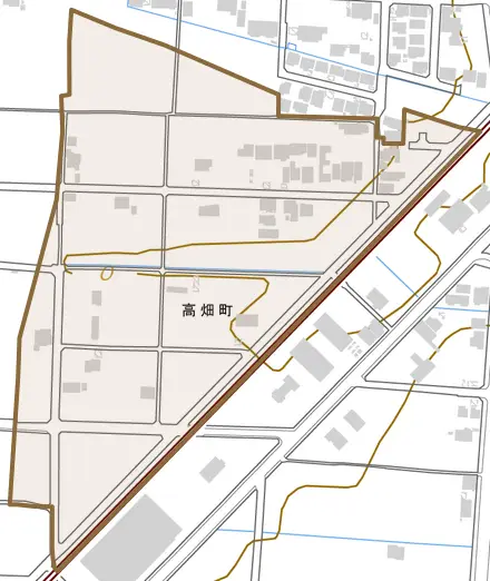 高畑町とその周辺の地図。町の範囲を重ねている