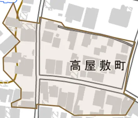 高屋敷町とその周辺の地図。町の範囲を重ねている