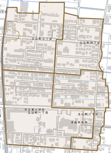 立込町とその周辺の地図。町の範囲を重ねている