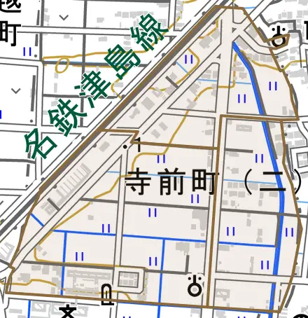 寺前町とその周辺の地図。町の範囲を重ねている