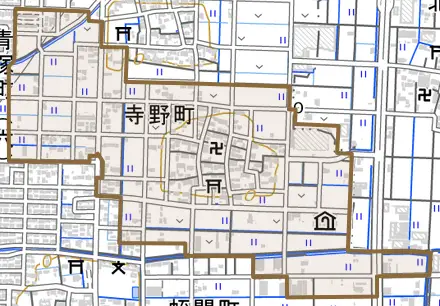 寺野町とその周辺の地図。町の範囲を重ねている