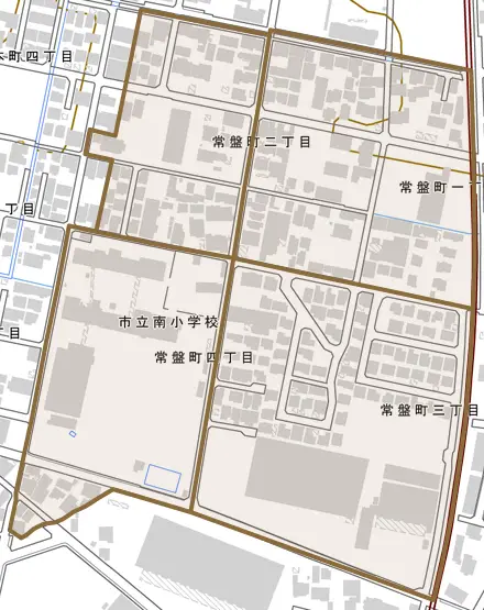 常盤町とその周辺の地図。町の範囲を重ねている