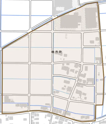 椿市町とその周辺の地図。町の範囲を重ねている