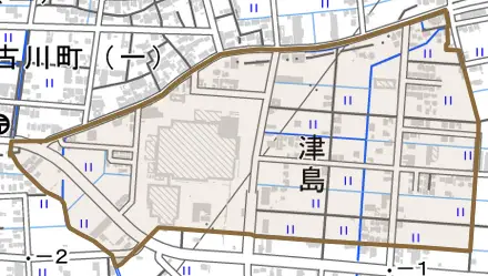 大字津島とその周辺の地図。町の範囲を重ねている