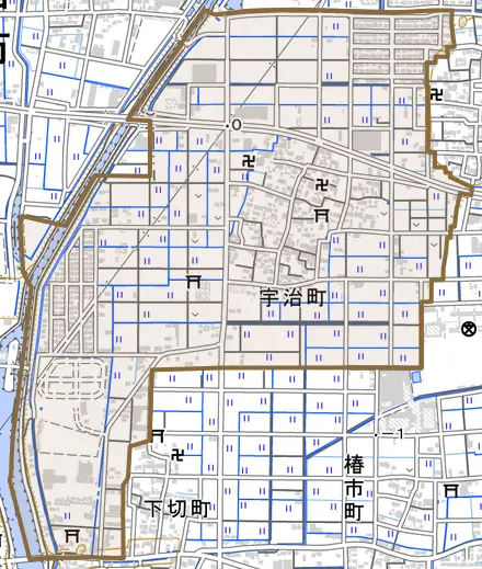 宇治町とその周辺の地図。町の範囲を重ねている