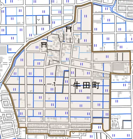 牛田町とその周辺の地図。町の範囲を重ねている