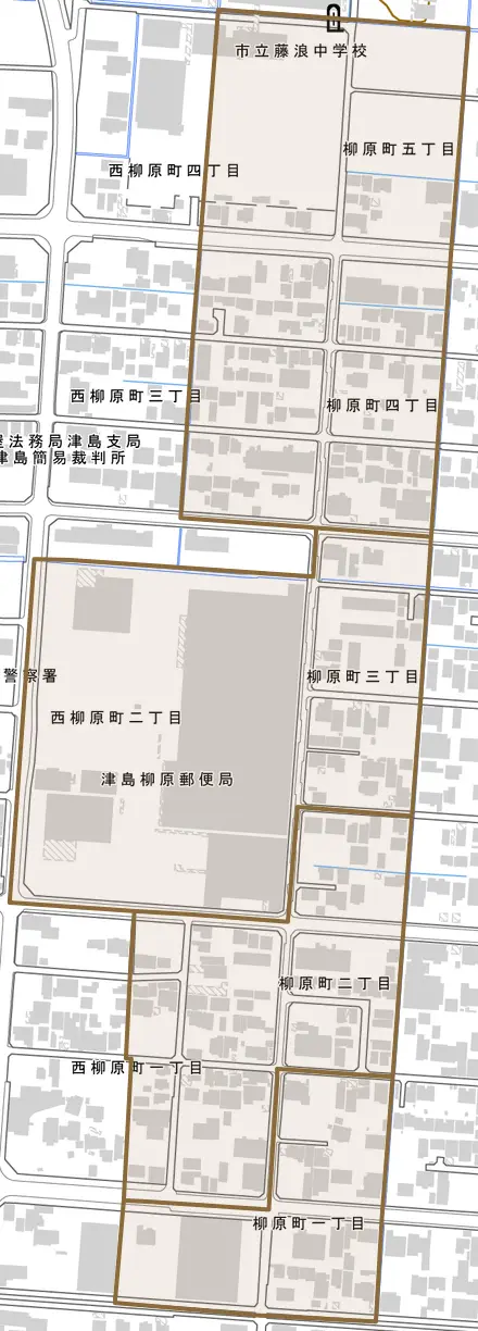 柳原町とその周辺の地図。町の範囲を重ねている