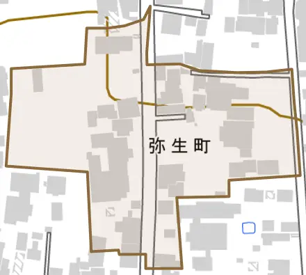 弥生町とその周辺の地図。町の範囲を重ねている