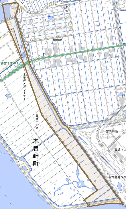 曙とその周辺の地図。町の範囲を重ねている
