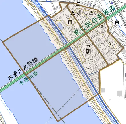 五明とその周辺の地図。町の範囲を重ねている