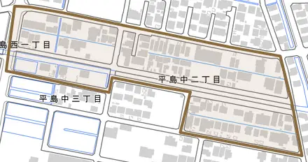 平島中とその周辺の地図。町の範囲を重ねている