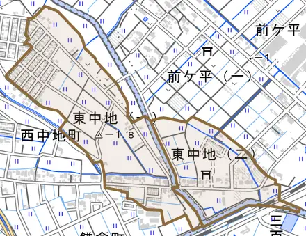 東中地とその周辺の地図。町の範囲を重ねている