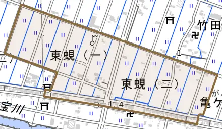 東蜆とその周辺の地図。町の範囲を重ねている
