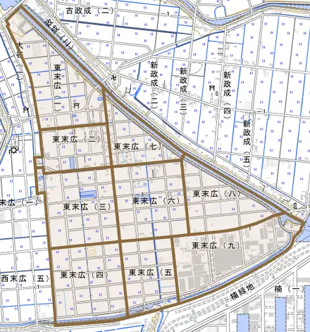 東末広とその周辺の地図。町の範囲を重ねている