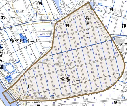 桴場とその周辺の地図。町の範囲を重ねている