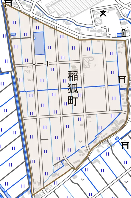 稲狐町とその周辺の地図。町の範囲を重ねている