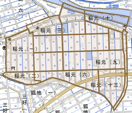 稲元とその周辺の地図。町の範囲を重ねている
