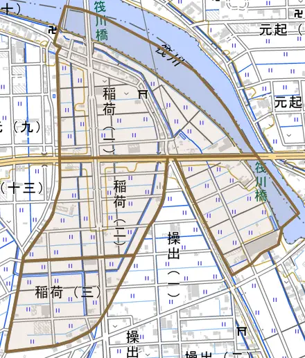 稲荷とその周辺の地図。町の範囲を重ねている