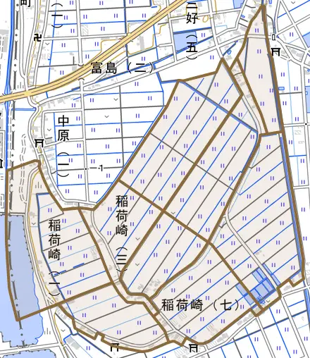 稲荷崎とその周辺の地図。町の範囲を重ねている