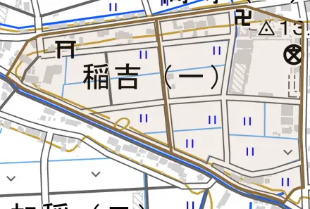 稲吉とその周辺の地図。町の範囲を重ねている