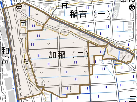加稲とその周辺の地図。町の範囲を重ねている