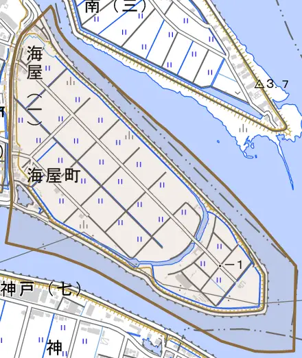 海屋とその周辺の地図。町の範囲を重ねている