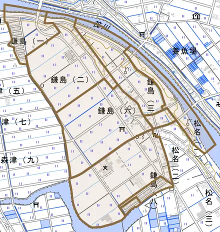 鎌島とその周辺の地図。町の範囲を重ねている