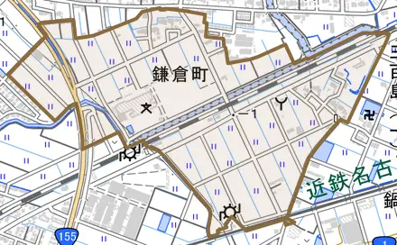 鎌倉町とその周辺の地図。町の範囲を重ねている