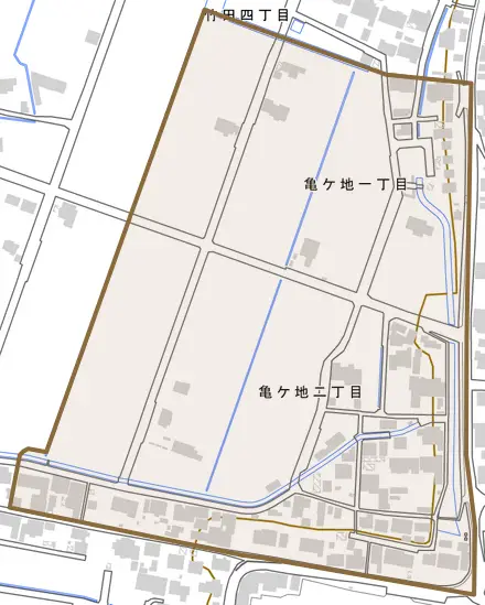 亀ケ地とその周辺の地図。町の範囲を重ねている