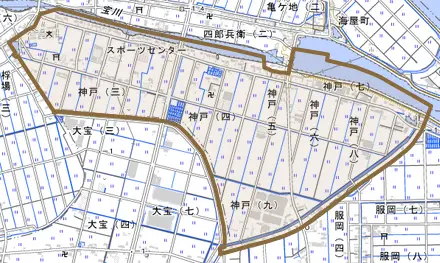 神戸とその周辺の地図。町の範囲を重ねている